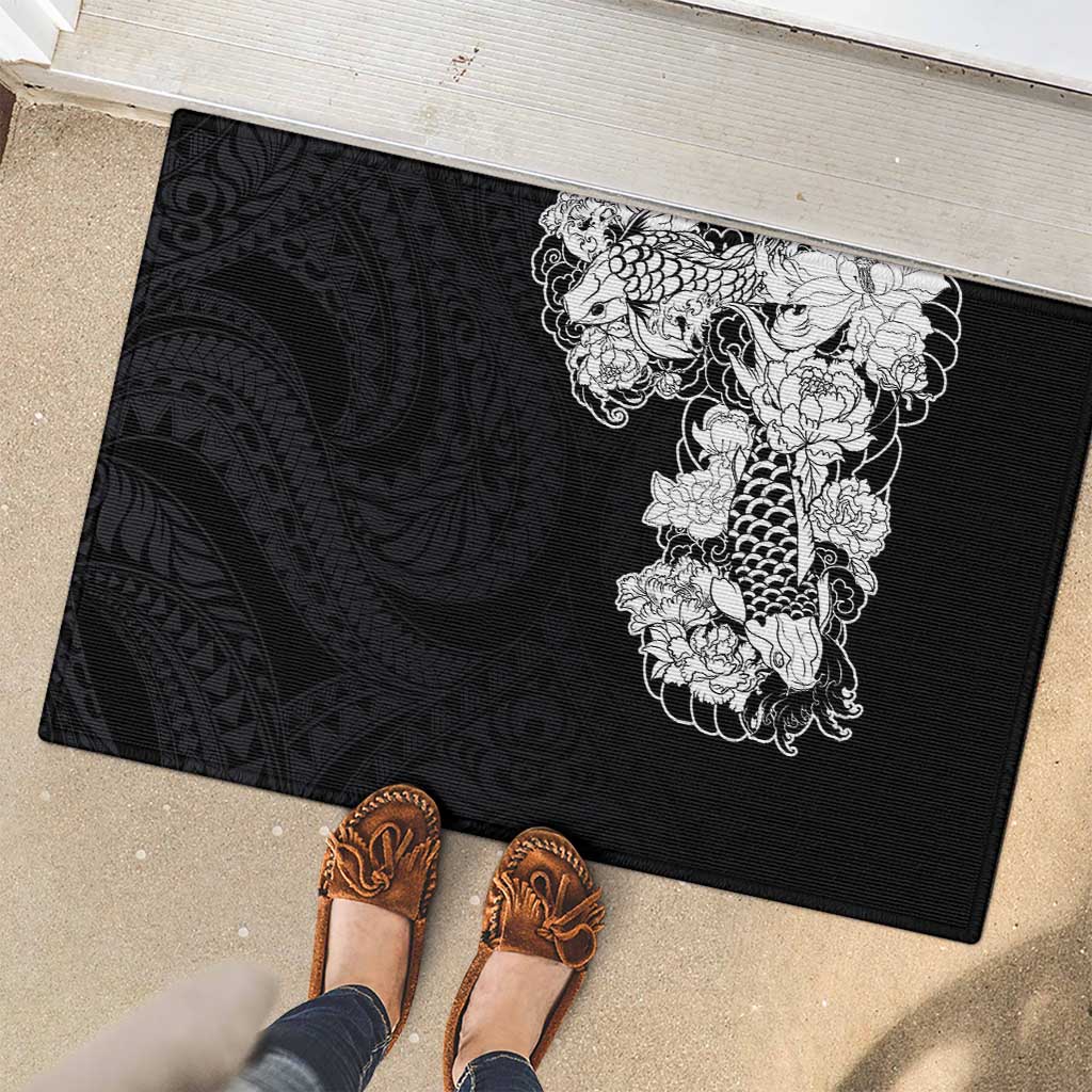 Hawaiian and Japanese Together Rubber Doormat Japanese Koi Fish Tattoo and Kakau Pattern Black Color
