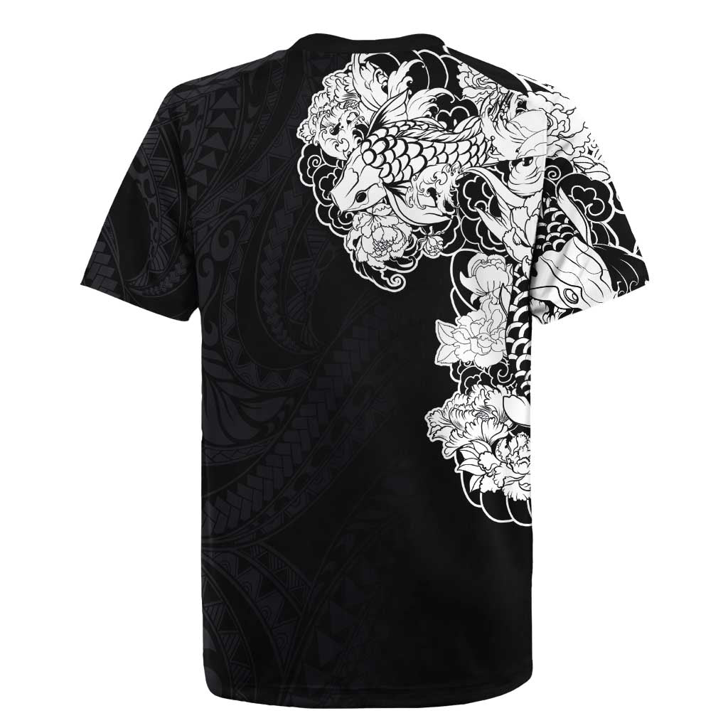 Hawaiian and Japanese Together Rugby Jersey Japanese Koi Fish Tattoo and Kakau Pattern Black Color