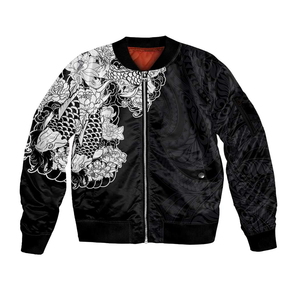 Hawaiian and Japanese Together Sleeve Zip Bomber Jacket Japanese Koi Fish Tattoo and Kakau Pattern Black Color