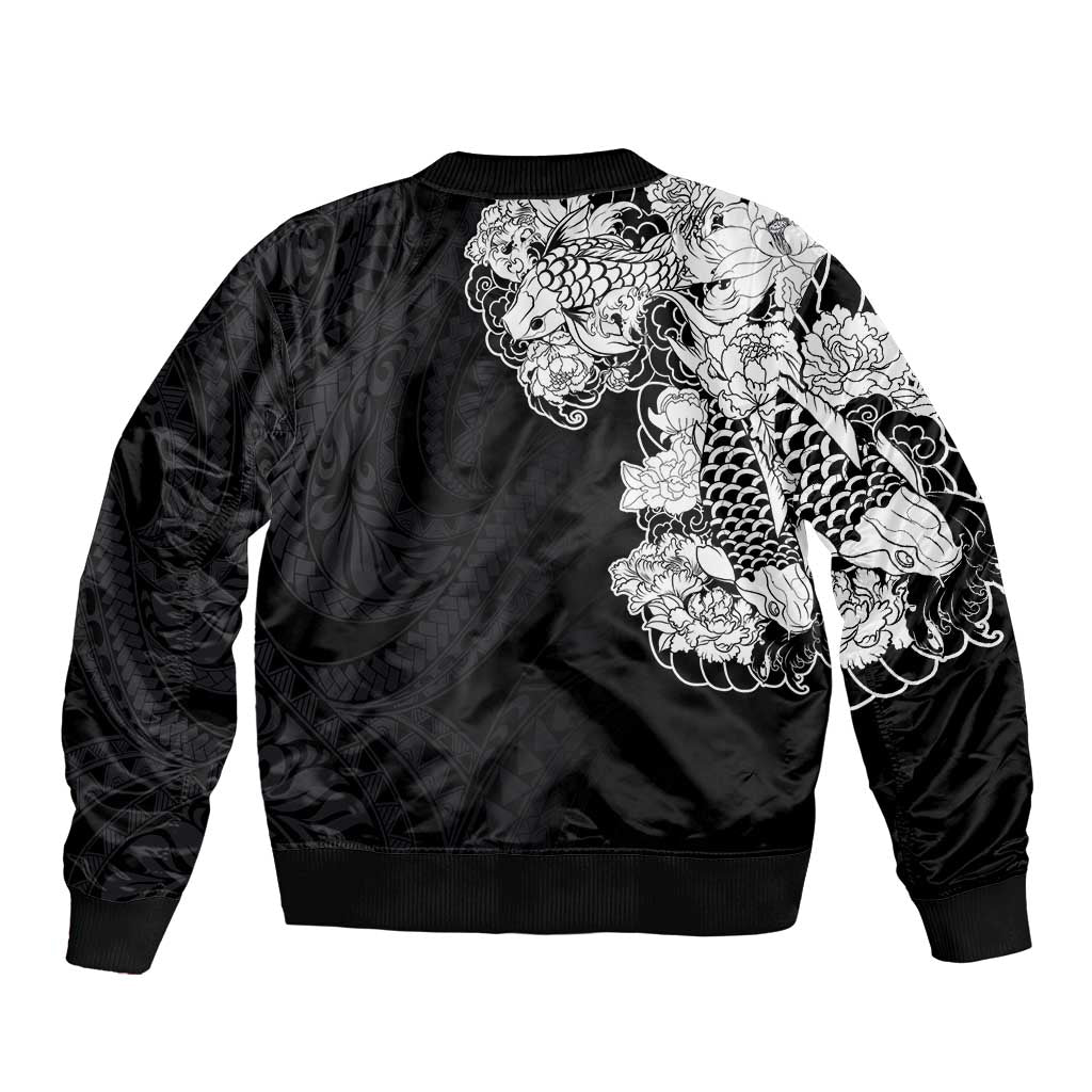 Hawaiian and Japanese Together Sleeve Zip Bomber Jacket Japanese Koi Fish Tattoo and Kakau Pattern Black Color