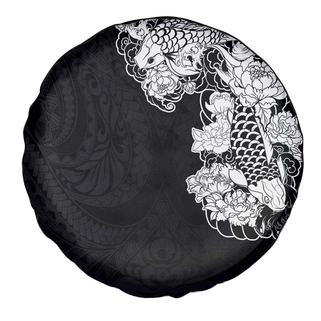 Hawaiian and Japanese Together Spare Tire Cover Japanese Koi Fish Tattoo and Kakau Pattern Black Color