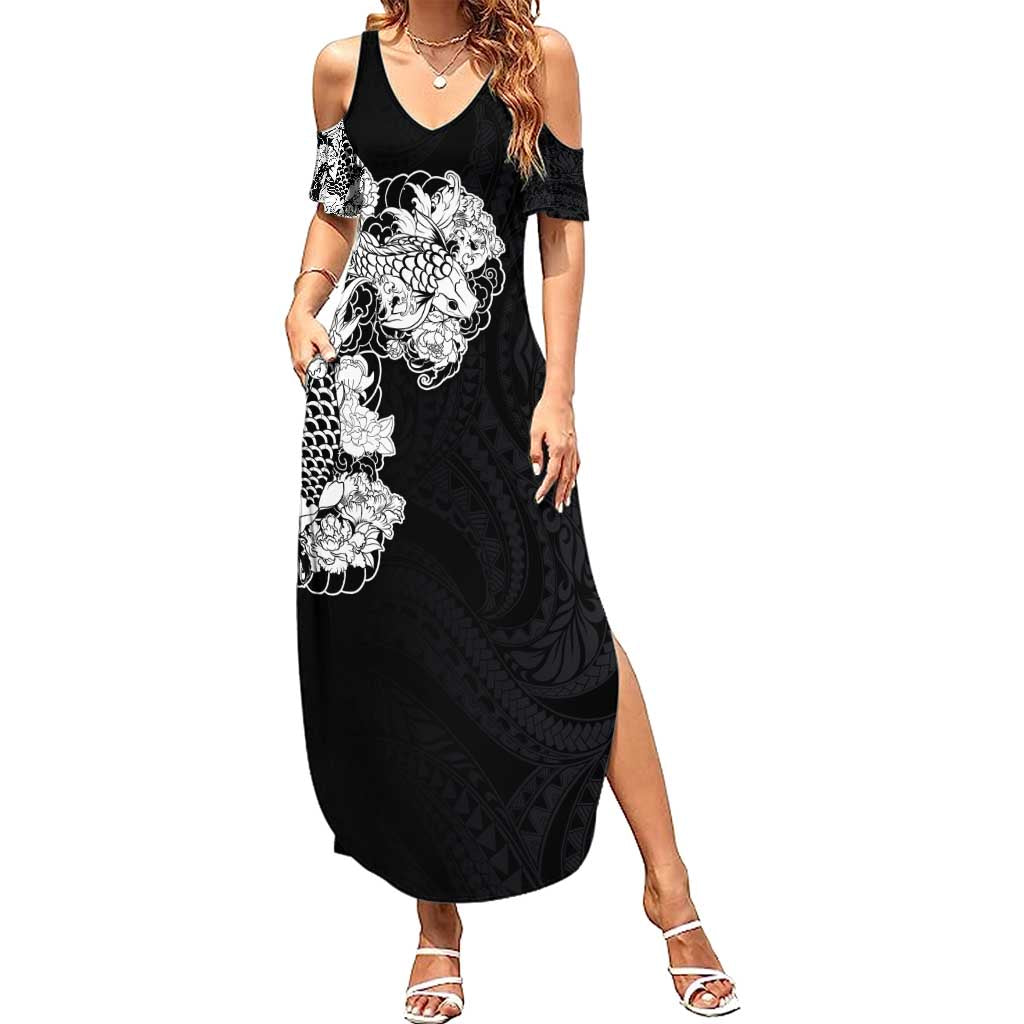 Hawaiian and Japanese Together Summer Maxi Dress Japanese Koi Fish Tattoo and Kakau Pattern Black Color