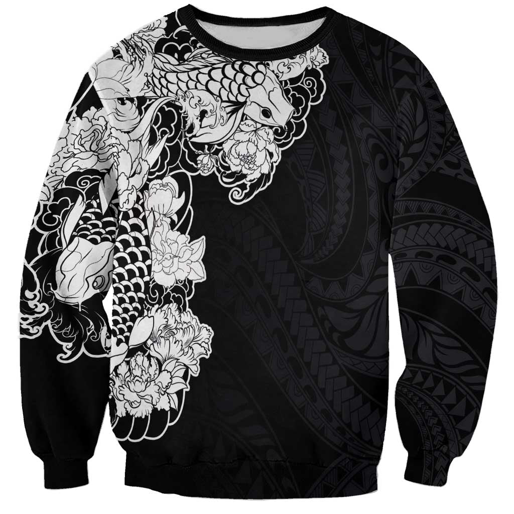 Hawaiian and Japanese Together Sweatshirt Japanese Koi Fish Tattoo and Kakau Pattern Black Color