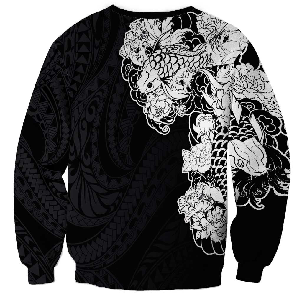 Hawaiian and Japanese Together Sweatshirt Japanese Koi Fish Tattoo and Kakau Pattern Black Color