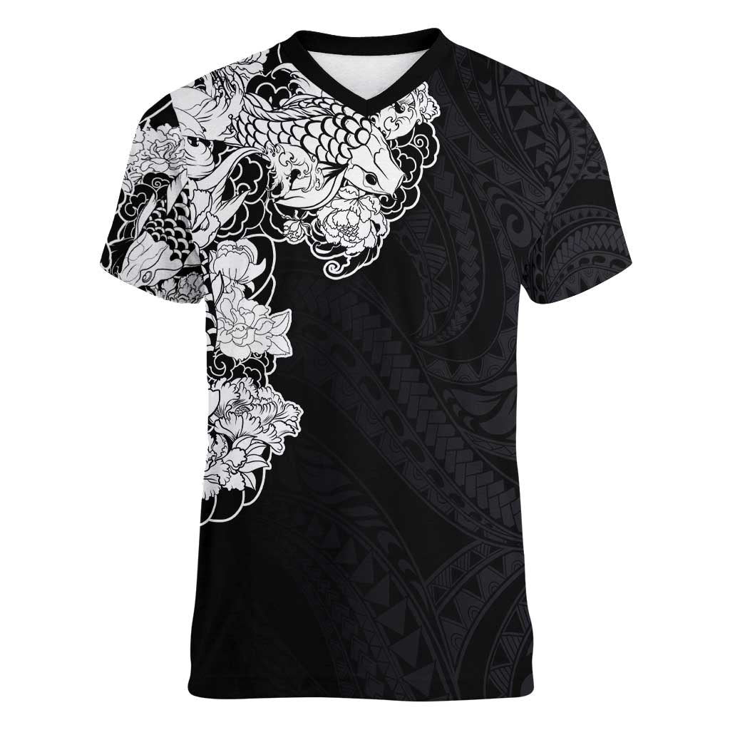 Hawaiian and Japanese Together Women V-Neck T-Shirt Japanese Koi Fish Tattoo and Kakau Pattern Black Color