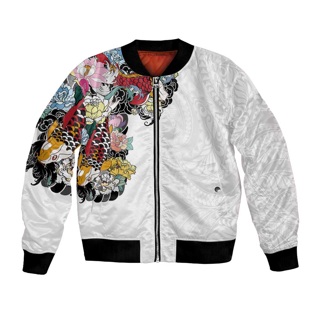 Hawaiian and Japanese Together Bomber Jacket Colorful Traditional Japanese Tattoo and Kakau Pattern White Color