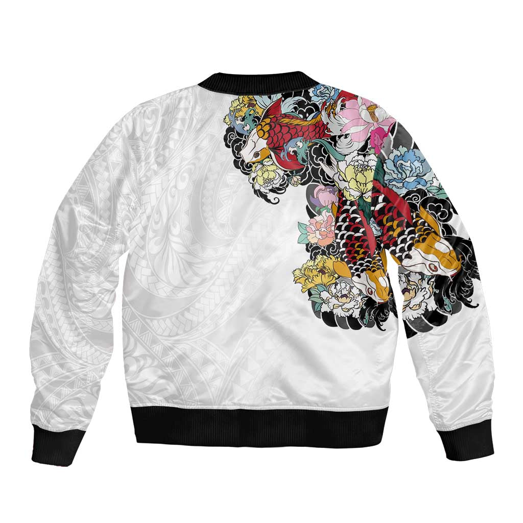 Hawaiian and Japanese Together Bomber Jacket Colorful Traditional Japanese Tattoo and Kakau Pattern White Color
