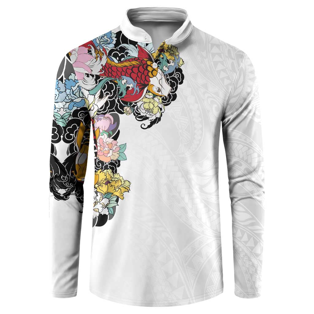 Hawaiian and Japanese Together Button Sweatshirt Colorful Traditional Japanese Tattoo and Kakau Pattern White Color