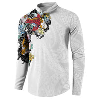 Hawaiian and Japanese Together Button Sweatshirt Colorful Traditional Japanese Tattoo and Kakau Pattern White Color