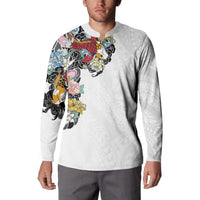 Hawaiian and Japanese Together Button Sweatshirt Colorful Traditional Japanese Tattoo and Kakau Pattern White Color