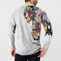 Hawaiian and Japanese Together Button Sweatshirt Colorful Traditional Japanese Tattoo and Kakau Pattern White Color