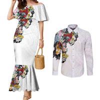 Hawaiian and Japanese Together Couples Matching Mermaid Dress and Long Sleeve Button Shirt Colorful Traditional Japanese Tattoo and Kakau Pattern White Color LT03 White - Polynesian Pride