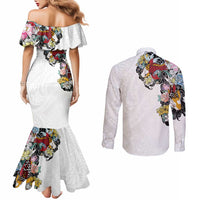Hawaiian and Japanese Together Couples Matching Mermaid Dress and Long Sleeve Button Shirt Colorful Traditional Japanese Tattoo and Kakau Pattern White Color LT03 - Polynesian Pride