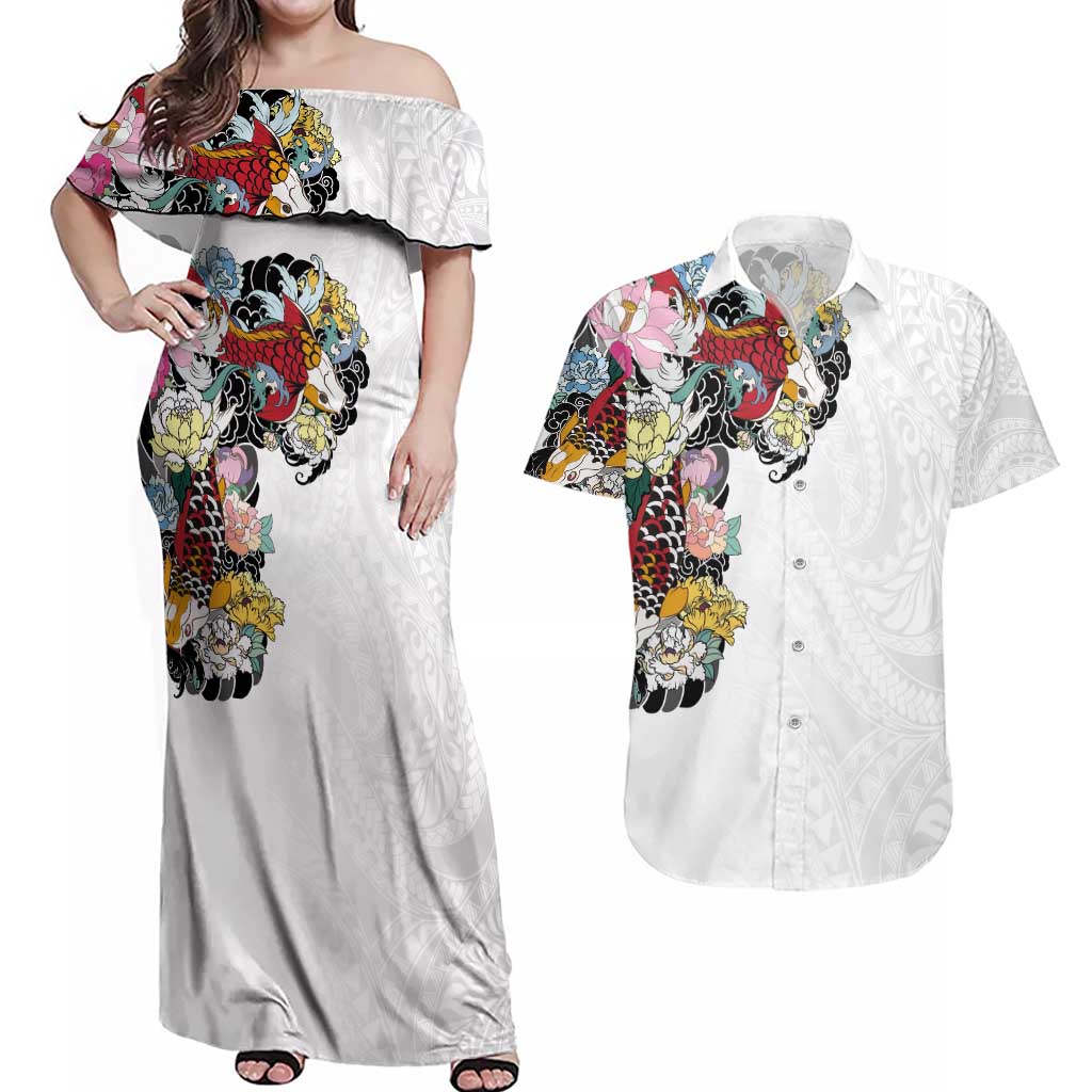 Hawaiian and Japanese Together Couples Matching Off Shoulder Maxi Dress and Hawaiian Shirt Colorful Traditional Japanese Tattoo and Kakau Pattern White Color