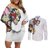 Hawaiian and Japanese Together Couples Matching Off Shoulder Short Dress and Long Sleeve Button Shirt Colorful Traditional Japanese Tattoo and Kakau Pattern White Color