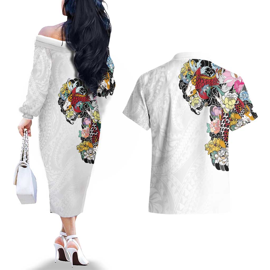 Hawaiian and Japanese Together Couples Matching Off The Shoulder Long Sleeve Dress and Hawaiian Shirt Colorful Traditional Japanese Tattoo and Kakau Pattern White Color