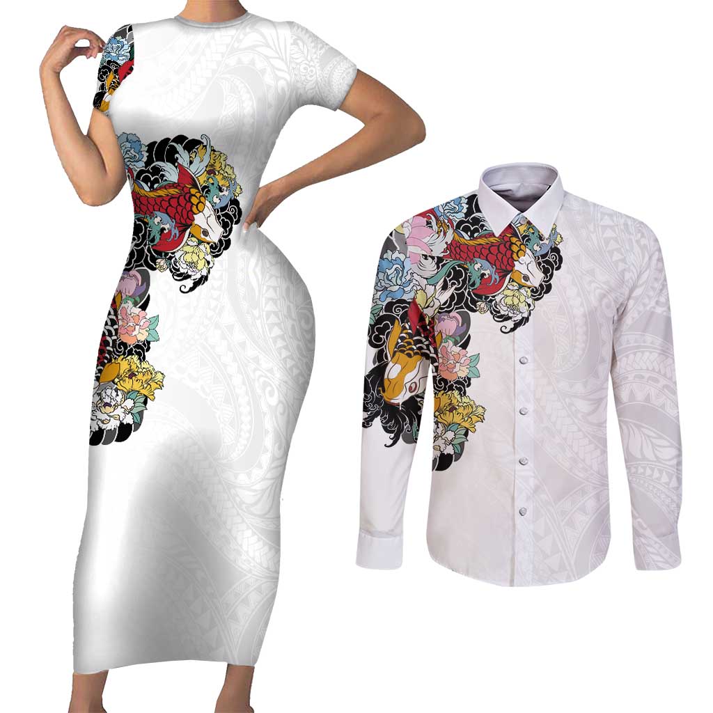 Hawaiian and Japanese Together Couples Matching Short Sleeve Bodycon Dress and Long Sleeve Button Shirt Colorful Traditional Japanese Tattoo and Kakau Pattern White Color