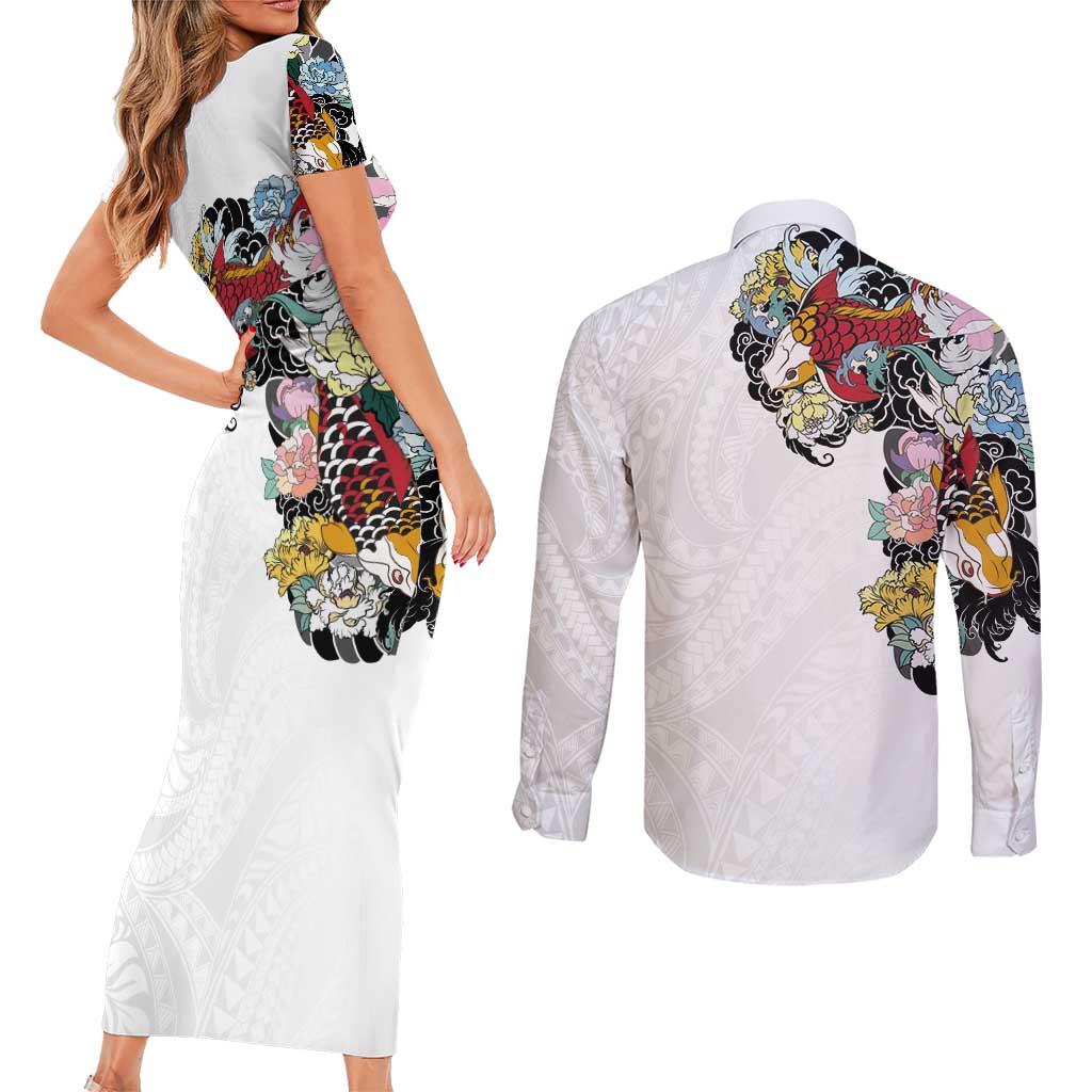 Hawaiian and Japanese Together Couples Matching Short Sleeve Bodycon Dress and Long Sleeve Button Shirt Colorful Traditional Japanese Tattoo and Kakau Pattern White Color