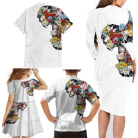 Hawaiian and Japanese Together Family Matching Long Sleeve Bodycon Dress and Hawaiian Shirt Colorful Traditional Japanese Tattoo and Kakau Pattern White Color