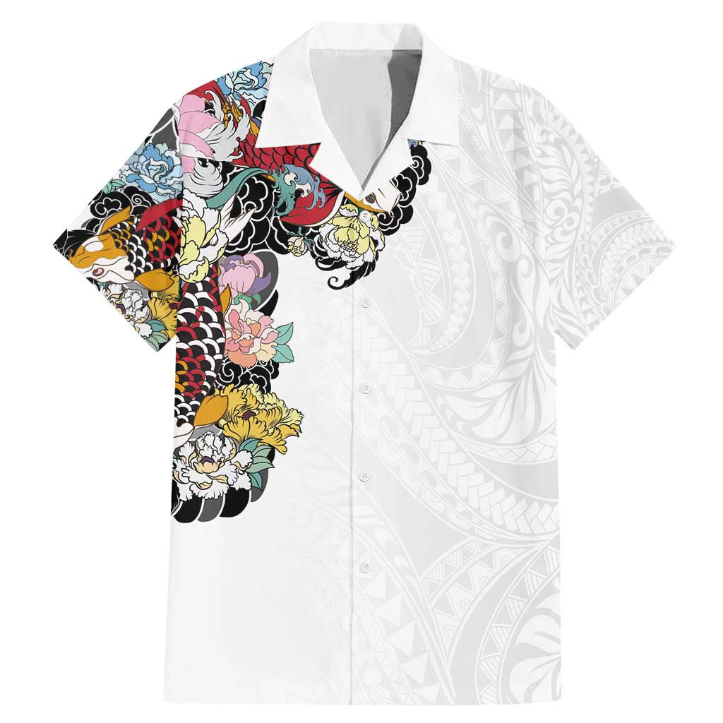 Hawaiian and Japanese Together Family Matching Mermaid Dress and Hawaiian Shirt Colorful Traditional Japanese Tattoo and Kakau Pattern White Color