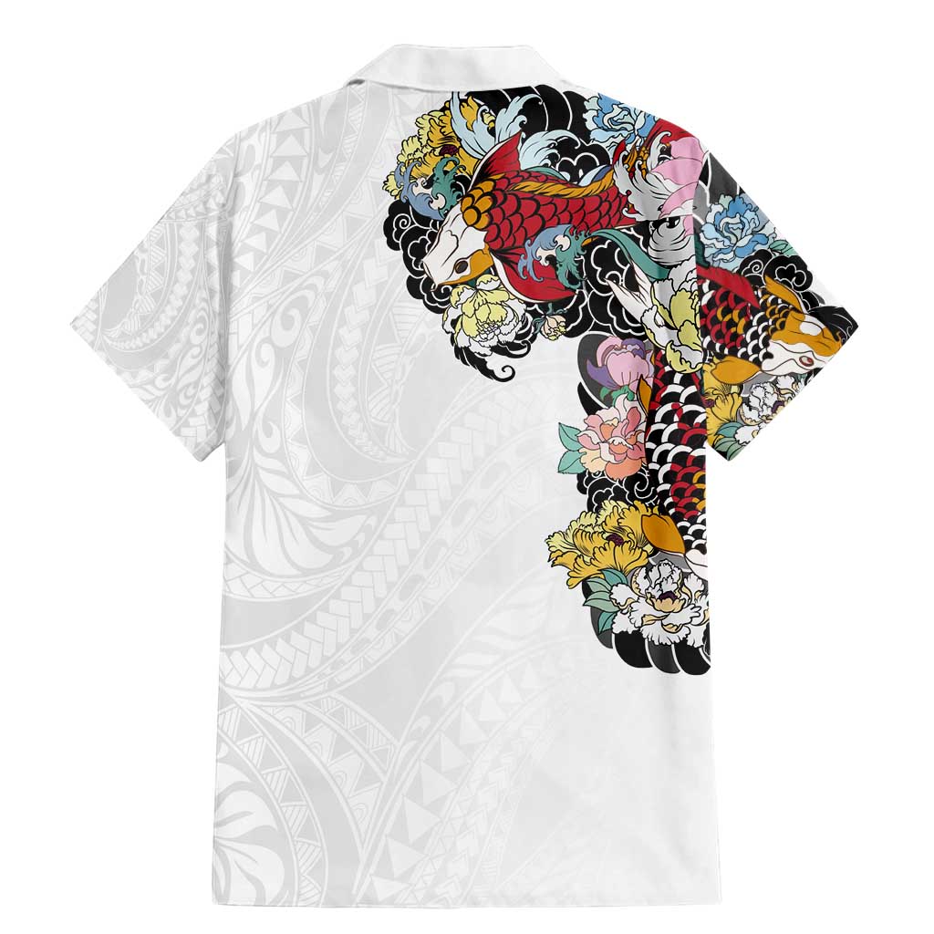 Hawaiian and Japanese Together Family Matching Mermaid Dress and Hawaiian Shirt Colorful Traditional Japanese Tattoo and Kakau Pattern White Color