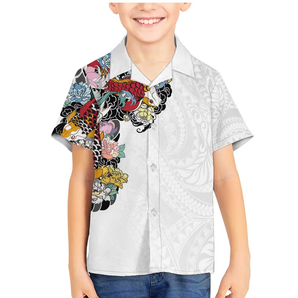 Hawaiian and Japanese Together Family Matching Mermaid Dress and Hawaiian Shirt Colorful Traditional Japanese Tattoo and Kakau Pattern White Color