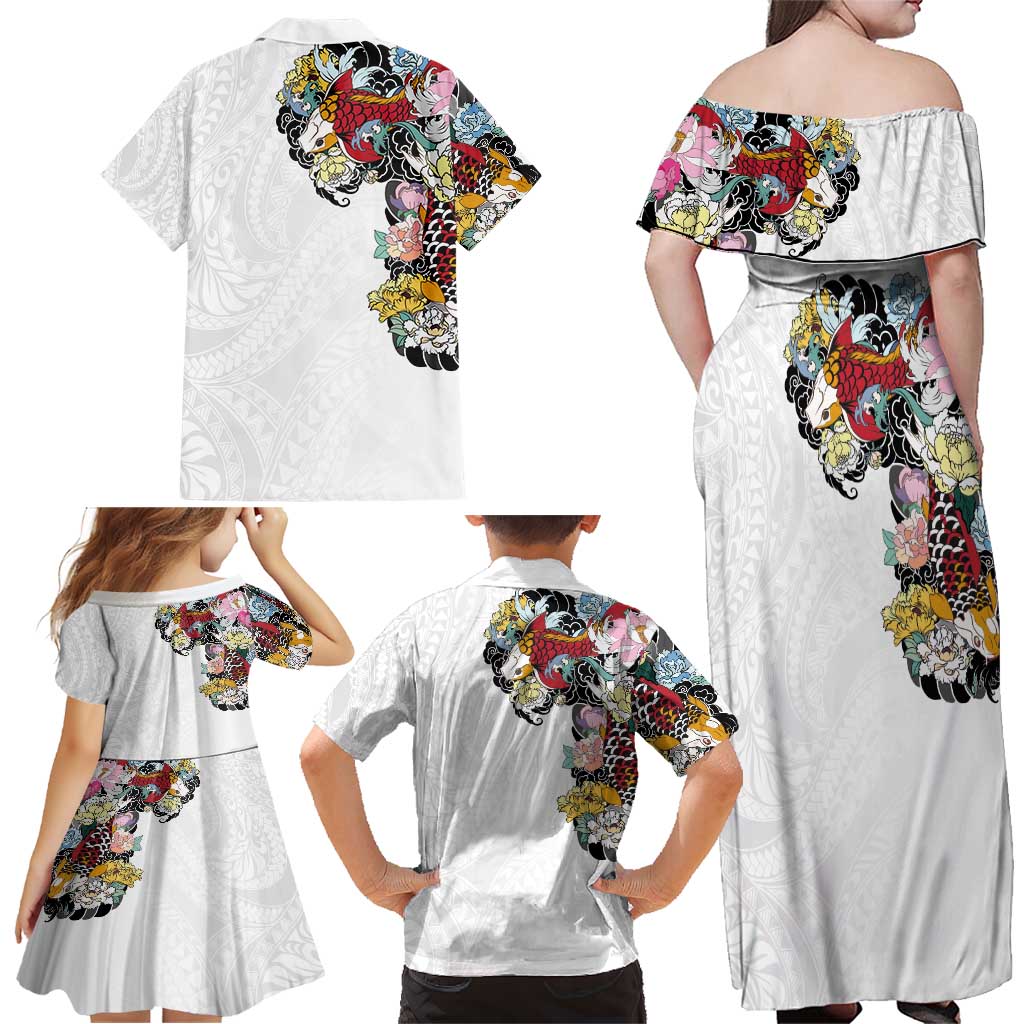 Hawaiian and Japanese Together Family Matching Off Shoulder Maxi Dress and Hawaiian Shirt Colorful Traditional Japanese Tattoo and Kakau Pattern White Color