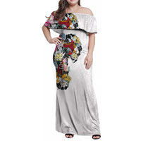 Hawaiian and Japanese Together Family Matching Off Shoulder Maxi Dress and Hawaiian Shirt Colorful Traditional Japanese Tattoo and Kakau Pattern White Color