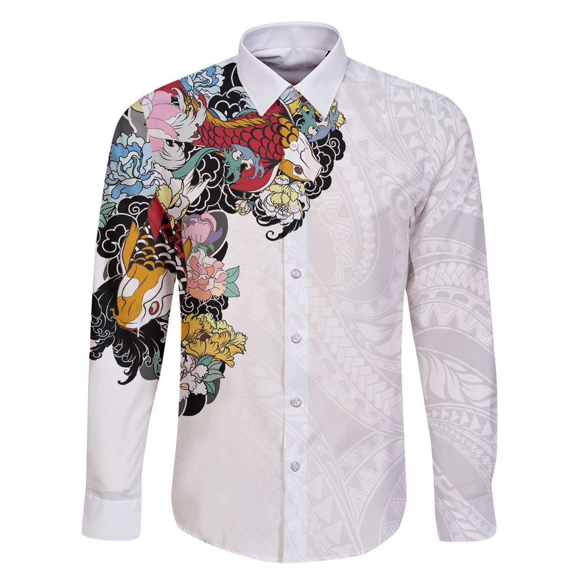 Hawaiian and Japanese Together Family Matching Puletasi and Hawaiian Shirt Colorful Traditional Japanese Tattoo and Kakau Pattern White Color LT03 Dad's Shirt - Long Sleeve White - Polynesian Pride