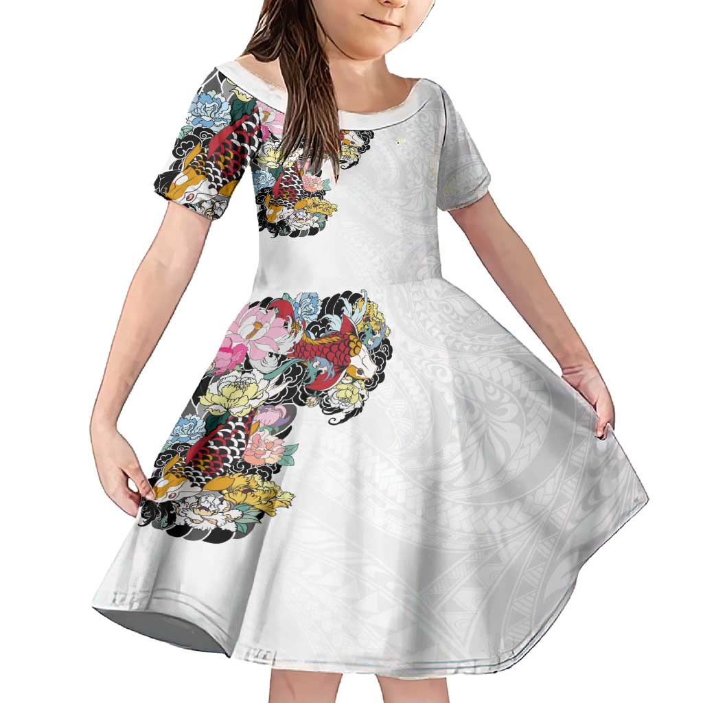 Hawaiian and Japanese Together Family Matching Short Sleeve Bodycon Dress and Hawaiian Shirt Colorful Traditional Japanese Tattoo and Kakau Pattern White Color