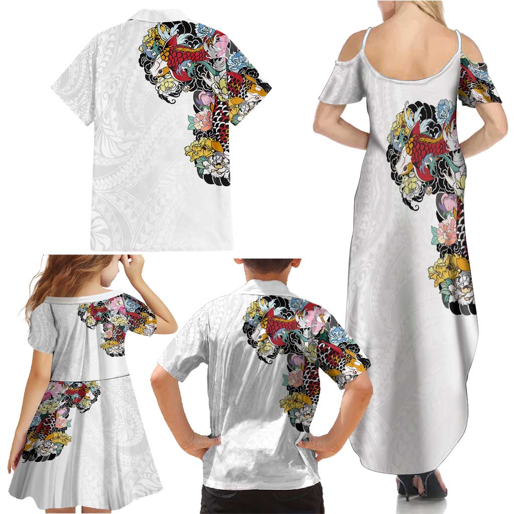 Hawaiian and Japanese Together Family Matching Summer Maxi Dress and Hawaiian Shirt Colorful Traditional Japanese Tattoo and Kakau Pattern White Color