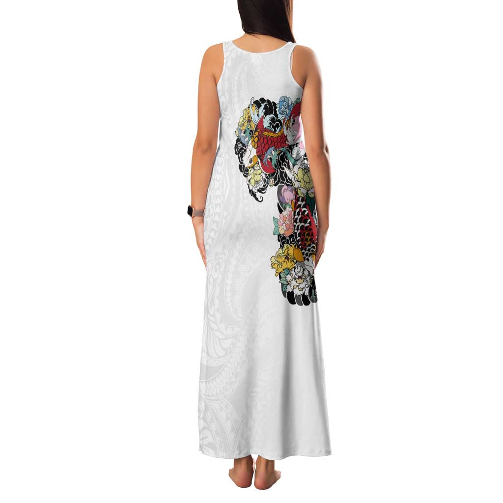 Hawaiian and Japanese Together Family Matching Tank Maxi Dress and Hawaiian Shirt Colorful Traditional Japanese Tattoo and Kakau Pattern White Color