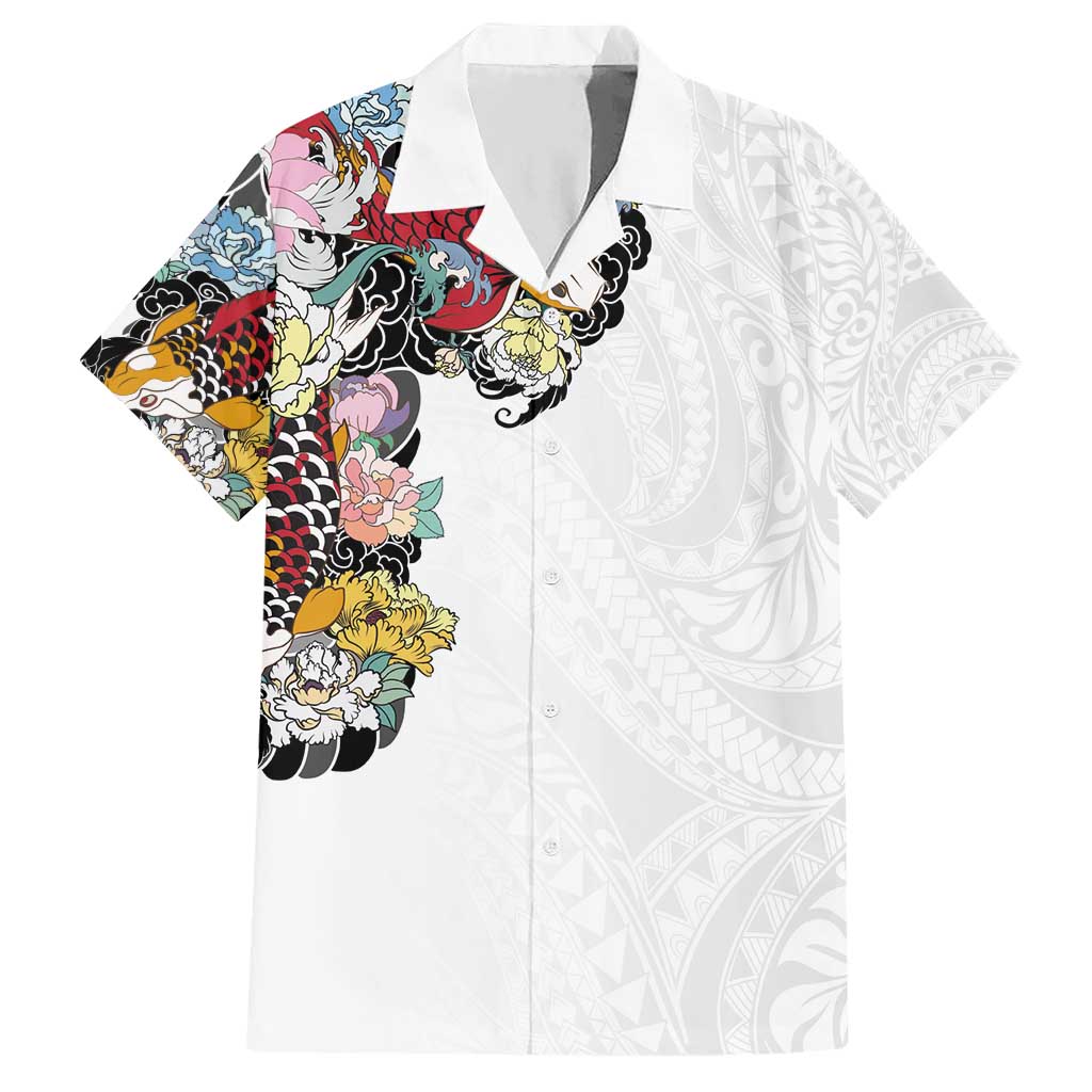 Hawaiian and Japanese Together Hawaiian Shirt Colorful Traditional Japanese Tattoo and Kakau Pattern White Color