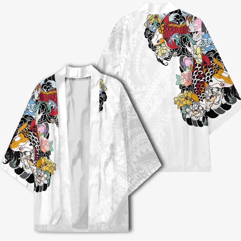 Hawaiian and Japanese Together Kimono Colorful Traditional Japanese Tattoo and Kakau Pattern White Color - Polynesian Pride