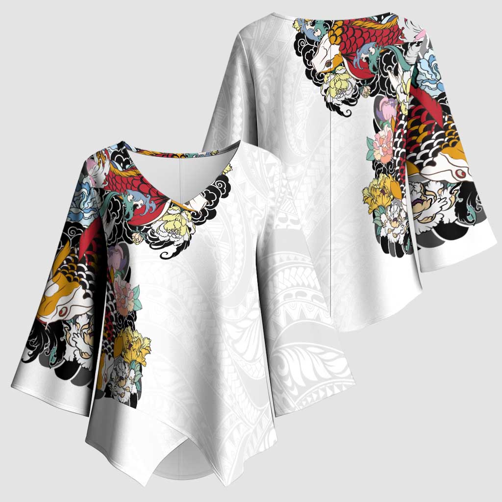 Hawaiian and Japanese Together Kimono Sleeve Blouse Colorful Traditional Japanese Tattoo and Kakau Pattern White Color LT03 - Polynesian Pride