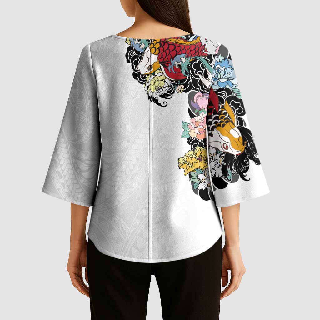Hawaiian and Japanese Together Kimono Sleeve Blouse Colorful Traditional Japanese Tattoo and Kakau Pattern White Color LT03 - Polynesian Pride