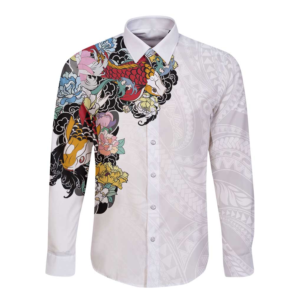Hawaiian and Japanese Together Long Sleeve Button Shirt Colorful Traditional Japanese Tattoo and Kakau Pattern White Color