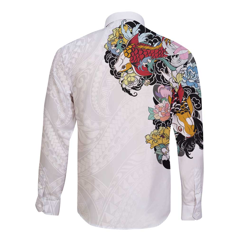Hawaiian and Japanese Together Long Sleeve Button Shirt Colorful Traditional Japanese Tattoo and Kakau Pattern White Color
