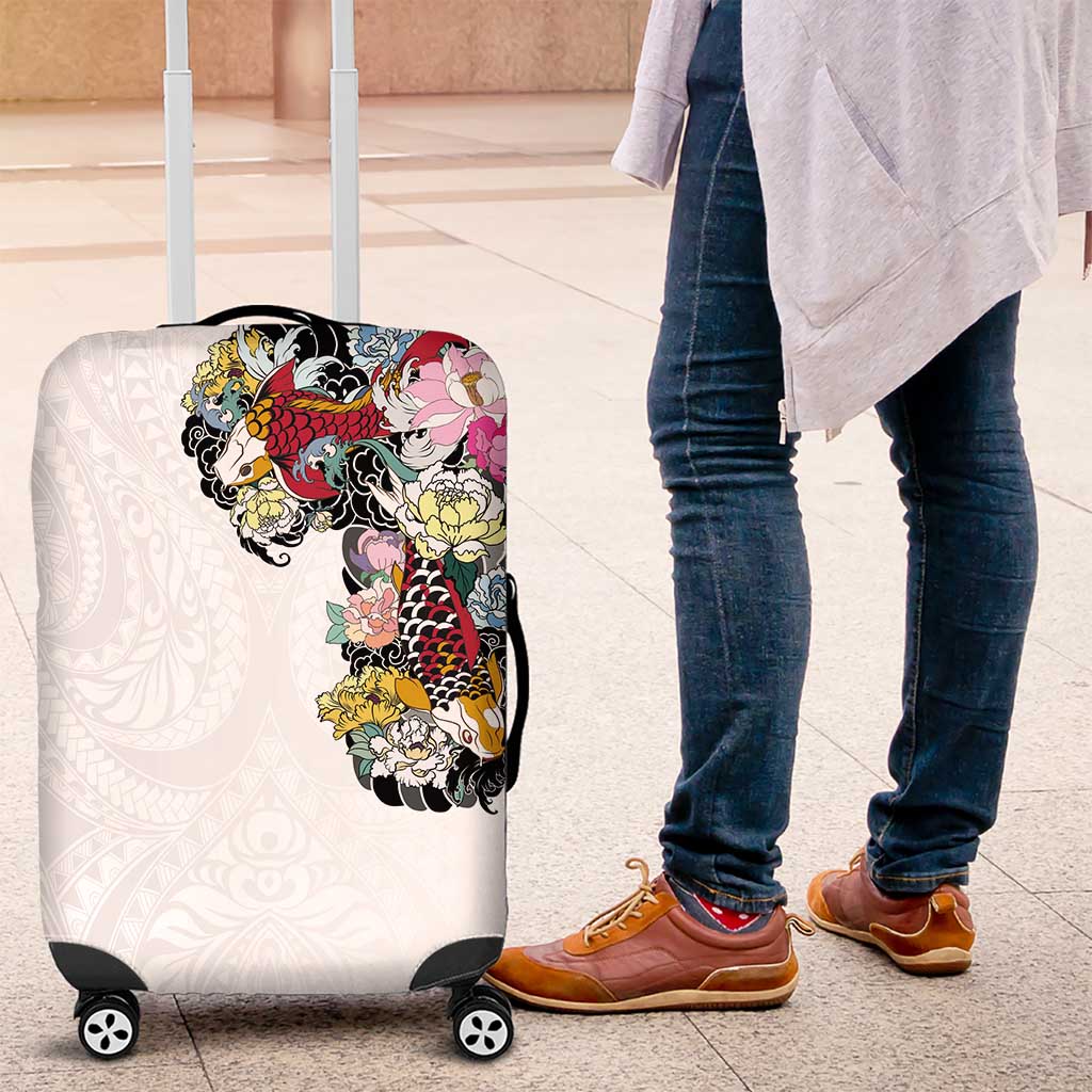 Hawaiian and Japanese Together Luggage Cover Colorful Traditional Japanese Tattoo and Kakau Pattern White Color