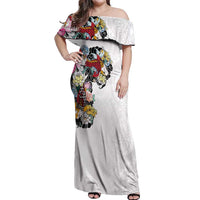 Hawaiian and Japanese Together Off Shoulder Maxi Dress Colorful Traditional Japanese Tattoo and Kakau Pattern White Color