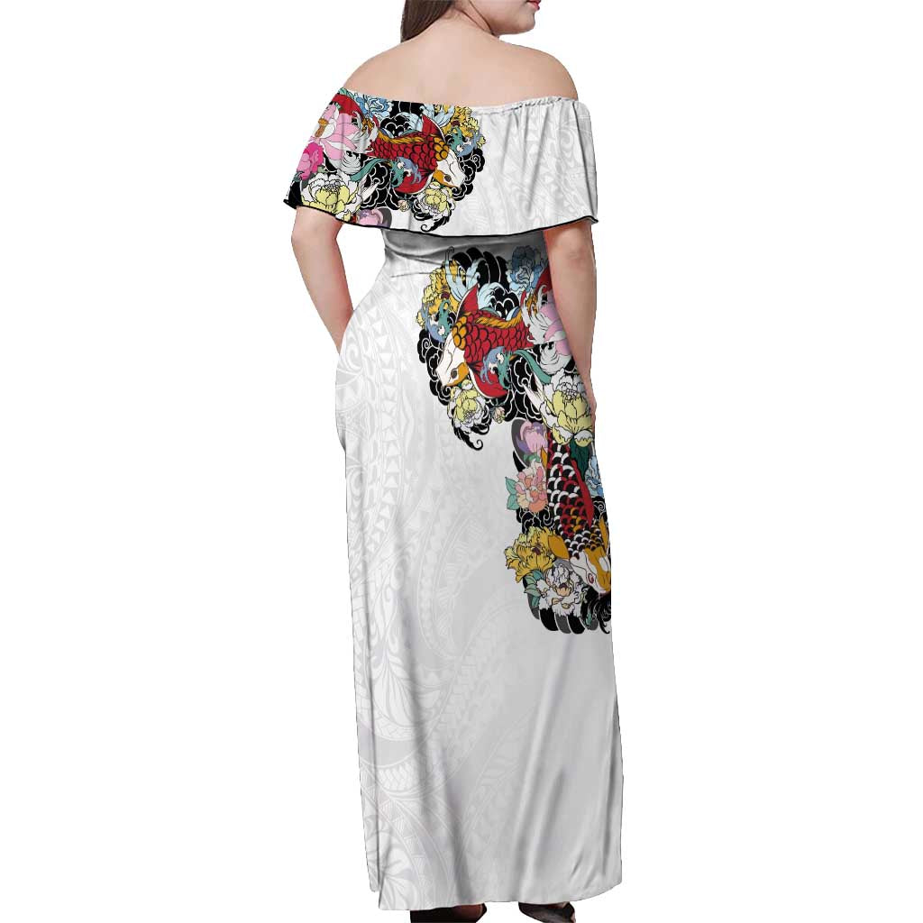 Hawaiian and Japanese Together Off Shoulder Maxi Dress Colorful Traditional Japanese Tattoo and Kakau Pattern White Color
