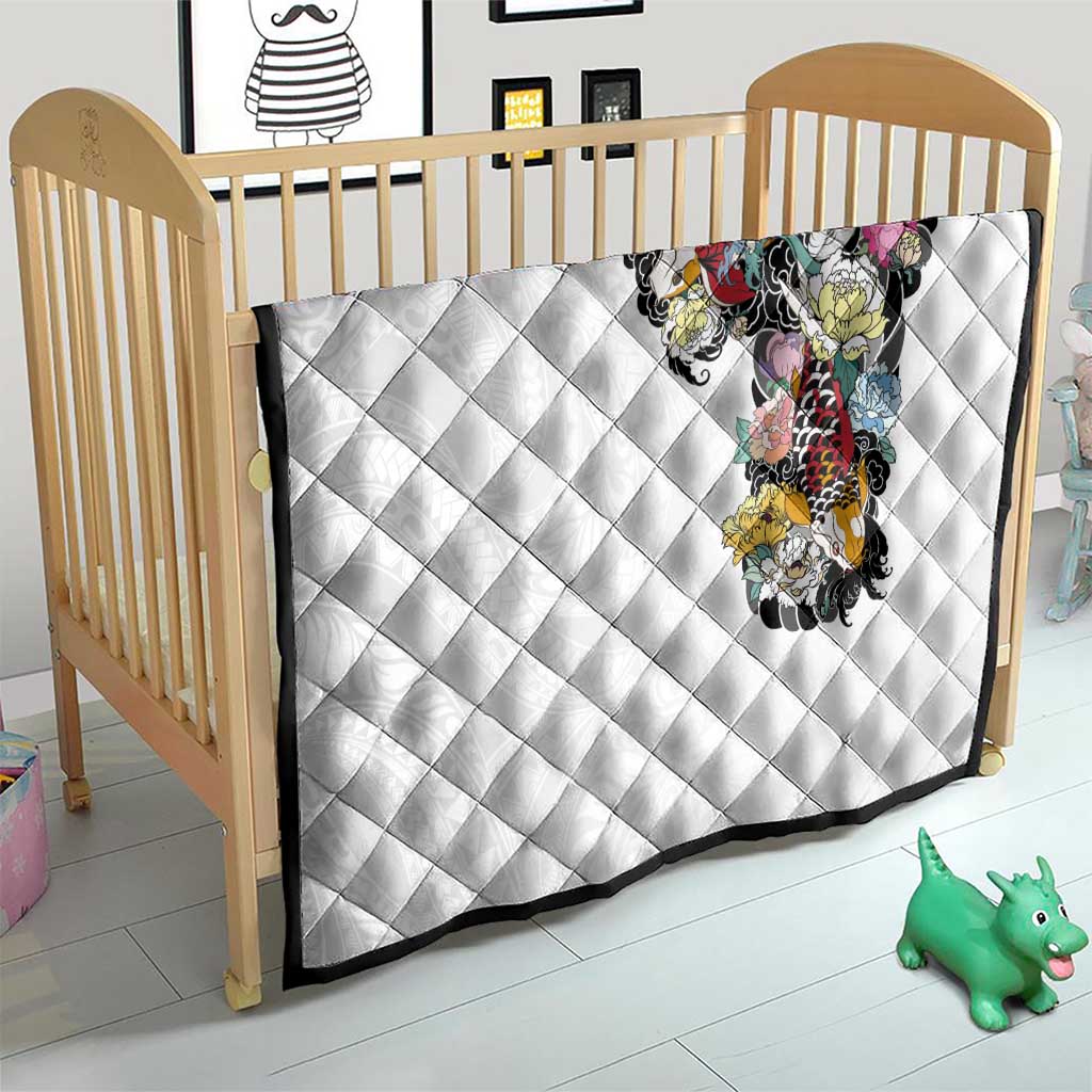 Hawaiian and Japanese Together Quilt Colorful Traditional Japanese Tattoo and Kakau Pattern White Color