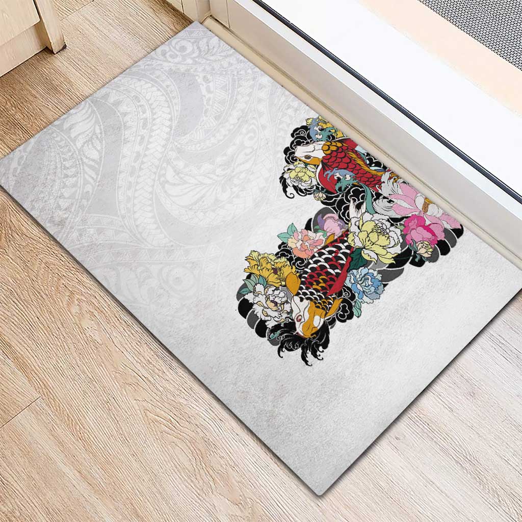 Hawaiian and Japanese Together Rubber Doormat Colorful Traditional Japanese Tattoo and Kakau Pattern White Color