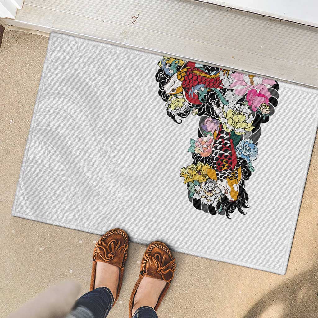 Hawaiian and Japanese Together Rubber Doormat Colorful Traditional Japanese Tattoo and Kakau Pattern White Color