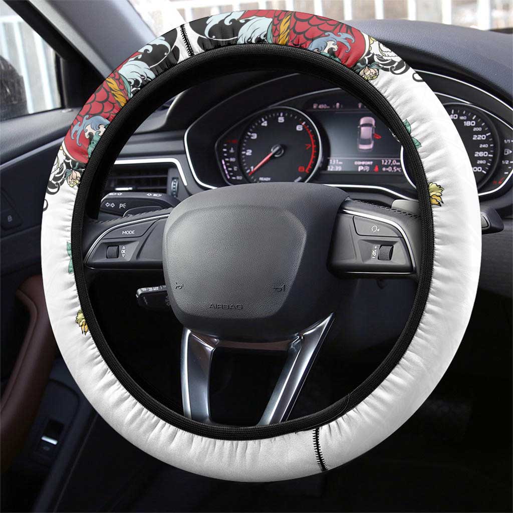 Hawaiian and Japanese Together Steering Wheel Cover Colorful Traditional Japanese Tattoo and Kakau Pattern White Color