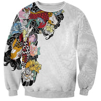 Hawaiian and Japanese Together Sweatshirt Colorful Traditional Japanese Tattoo and Kakau Pattern White Color