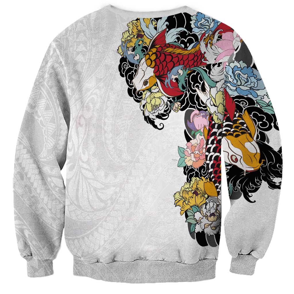 Hawaiian and Japanese Together Sweatshirt Colorful Traditional Japanese Tattoo and Kakau Pattern White Color