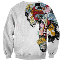 Hawaiian and Japanese Together Sweatshirt Colorful Traditional Japanese Tattoo and Kakau Pattern White Color