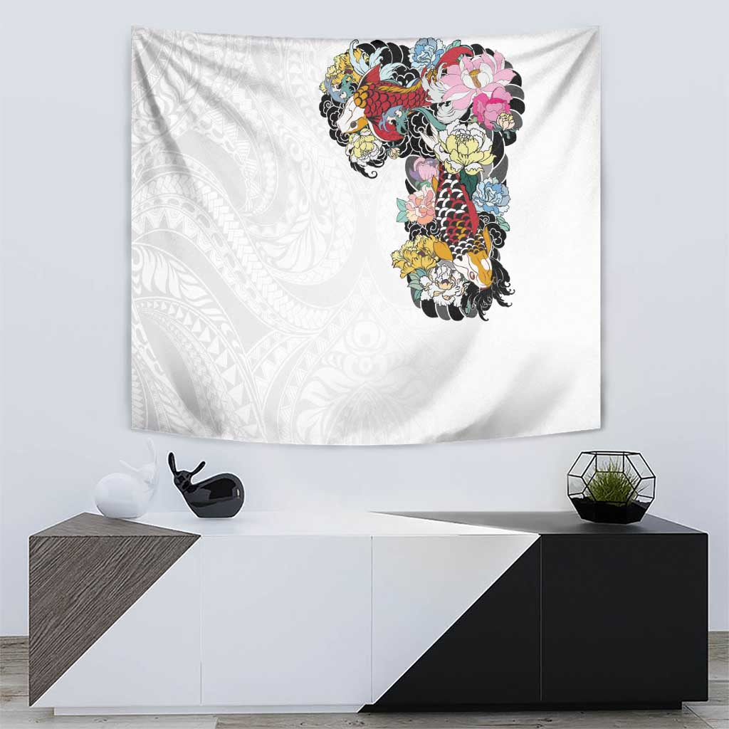 Hawaiian and Japanese Together Tapestry Colorful Traditional Japanese Tattoo and Kakau Pattern White Color