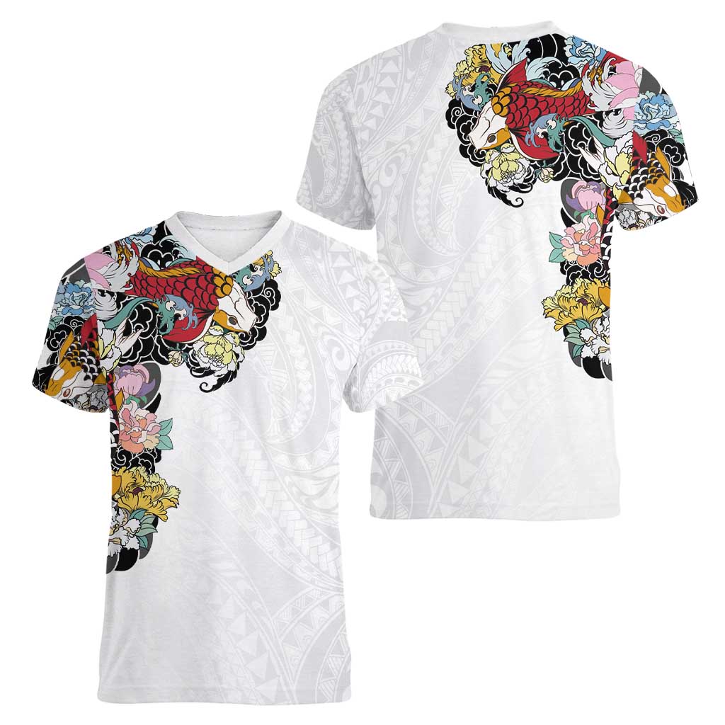 Hawaiian and Japanese Together Women V-Neck T-Shirt Colorful Traditional Japanese Tattoo and Kakau Pattern White Color